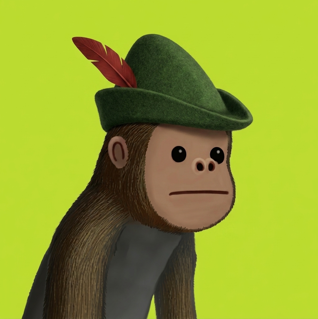 Chimp Hood — an ape in a green hood with a red feather, the mascot of $CHIMP